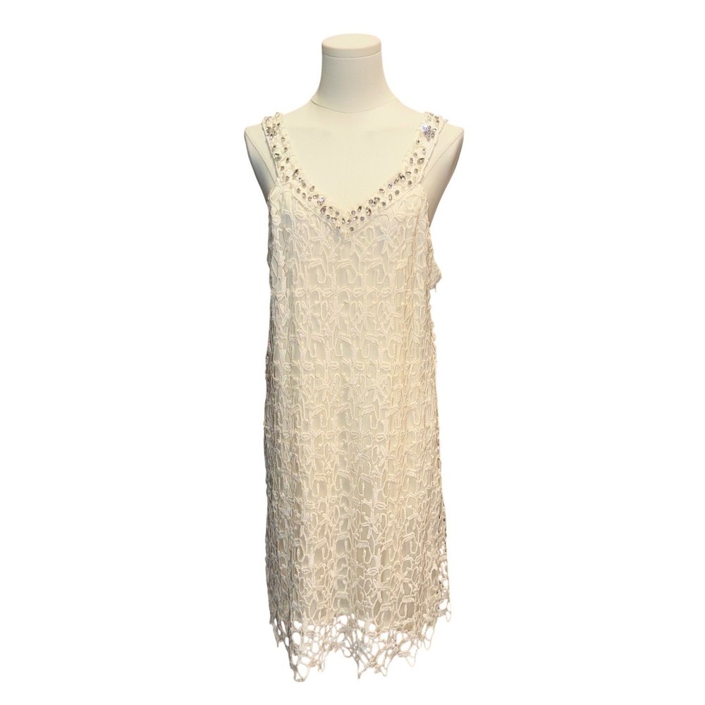 Pearl by Georgina Chapman Ivory Lace Slip Dress Embellished Neckline Midi M/L
